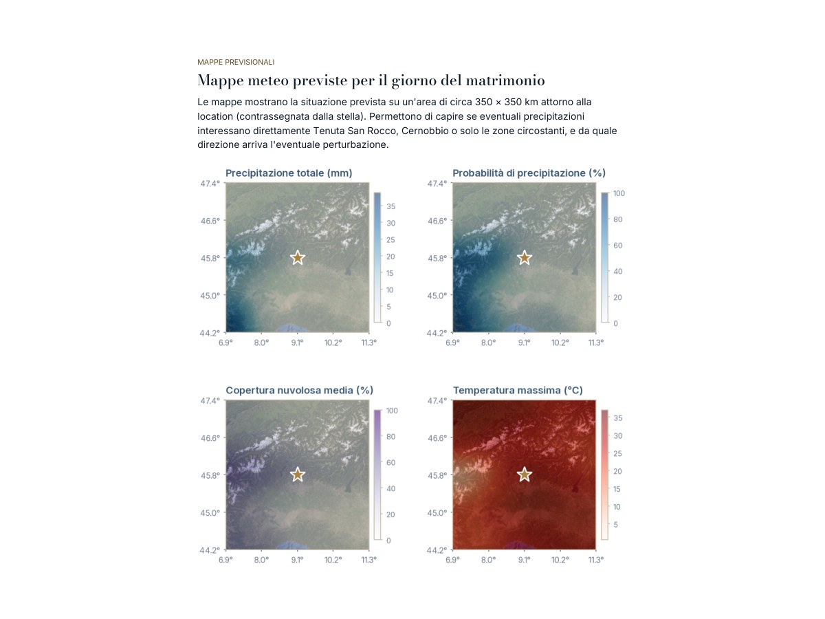 Estratto del report previsionale: le quattro mappe meteo dell’area attorno alla location