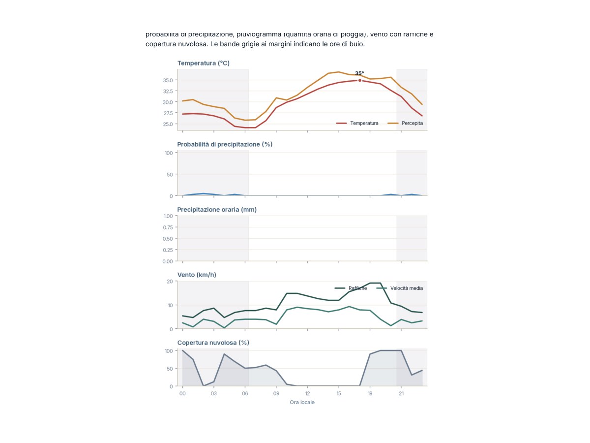 Dettaglio del report: meteogramma orario con cinque grafici sovrapposti — temperatura reale e percepita, probabilità di precipitazione, pioggia oraria, vento con raffiche e copertura nuvolosa — e le ore di buio evidenziate.